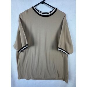 Vtg NorthCrest T-Shirt Mens XL Tan Ringer Short Sleeve Pique Knit Striped Trim.